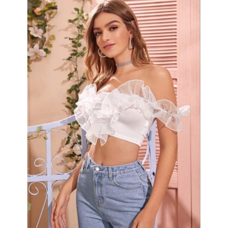 Jual Shein Off Shoulder Ruffle Trim Crop Top New Shopee Indonesia