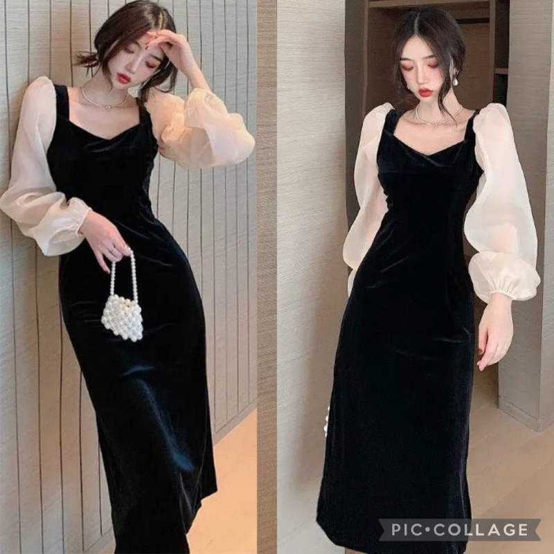 Jual D217 DEFECT SALE Korean Bodycon Dress Longsleeve Velvet Gaun