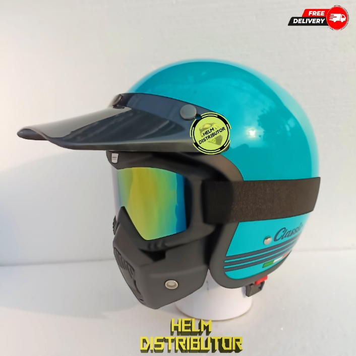 Jual HELM BOGO RETRO CLASSIC ITALI POLOS PLUS GOGGLES MASK PET PANJANG