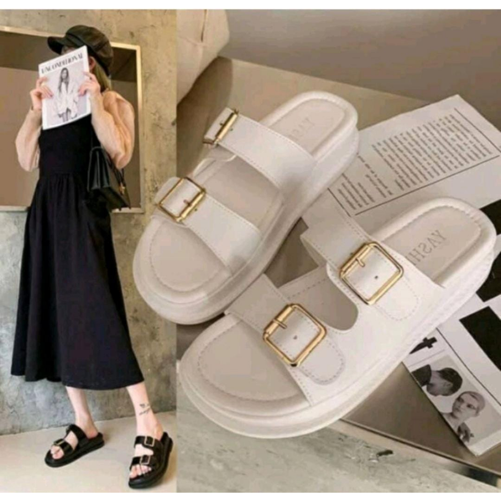 Jual SANDAL WANITA SLOP BAN DUA GESPER GESPER KOTAK MUTIARA GESPER KOBE