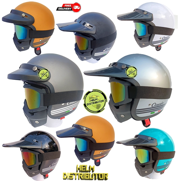 Jual Helm Bogo Retro Classic Itali Polos Plus Goggles Mask Pet Panjang