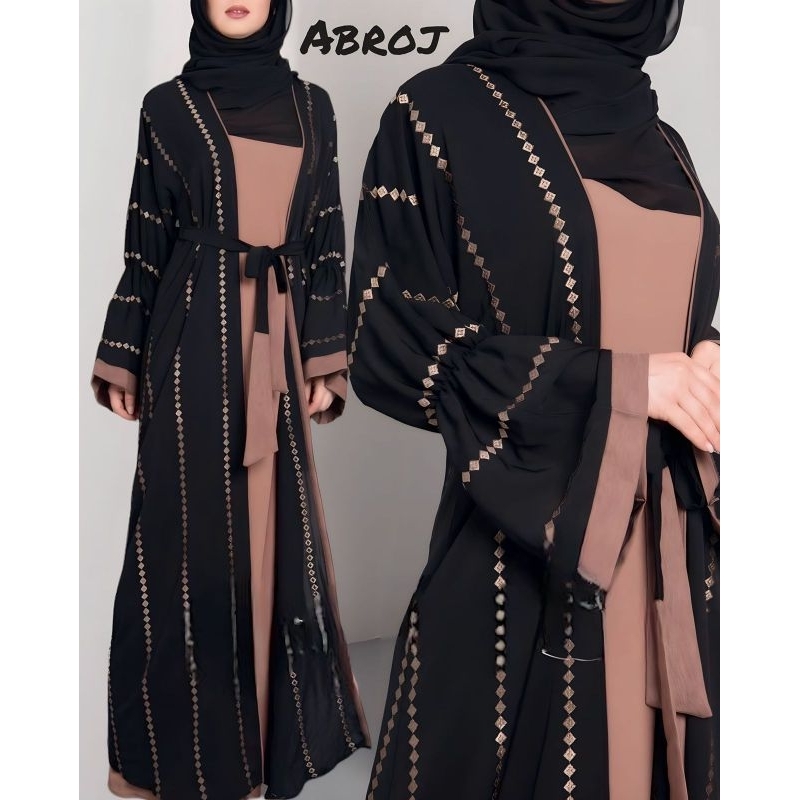 Jual ABAYA ABROJ BORDIR MODEL ROMPI MENYATU BAHAN JETBLACK KOMBINASI