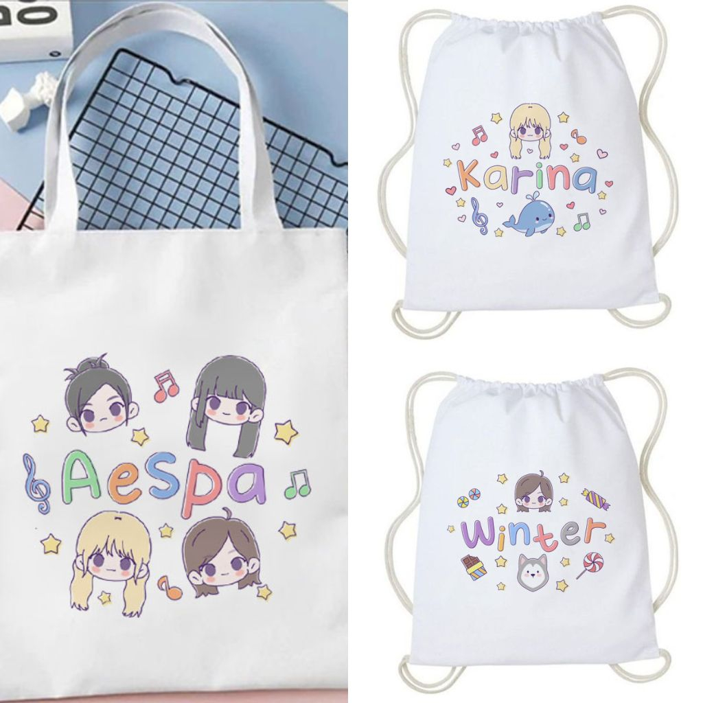 Jual Tas Serut Tote Bag Aespa Tulisan Chibi Lucu SM Entertainment Kpop