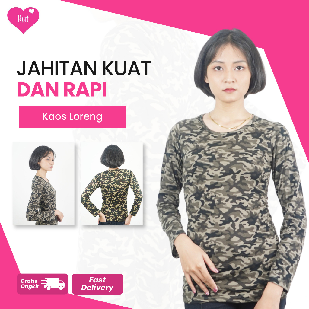 Jual Kaos Army Wanita Motif Loreng Tentara Lengan Panjang Bahan Spandek