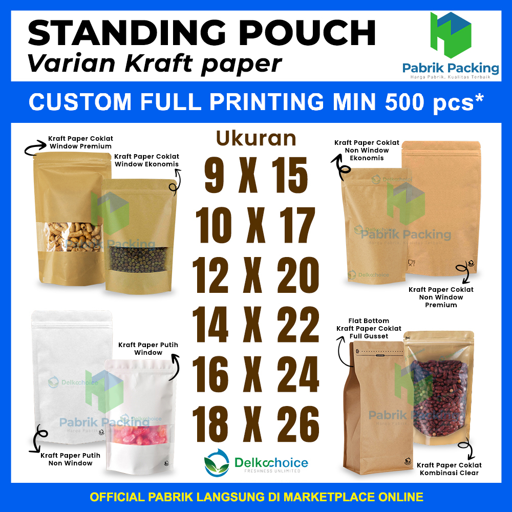 Jual Kemasan Makanan Standing Pouch Ziplock Delkochoice Varian Kraft