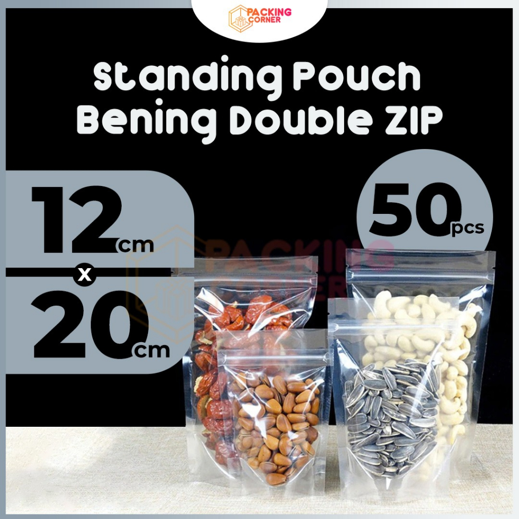 Jual Plastik Standing Pouch Bening Transparan DOUBLE SEAL LEBAR 12x20