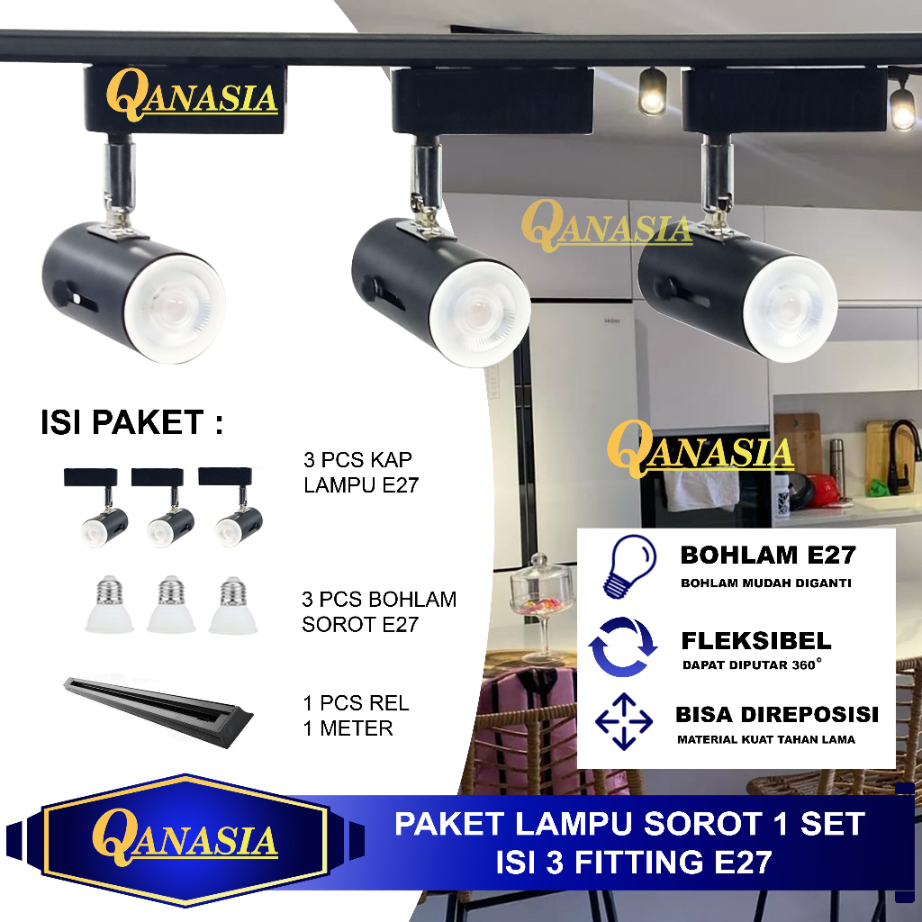 Jual Lampu Sorot Rel Isi 3 Spotlight Track Light Rell Fitting E27 Atau