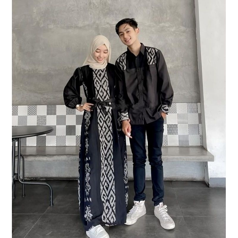 Jual Baju Couple Batik Tenun Pasangan Gamis Anjani Hitam Kemeja Panjang