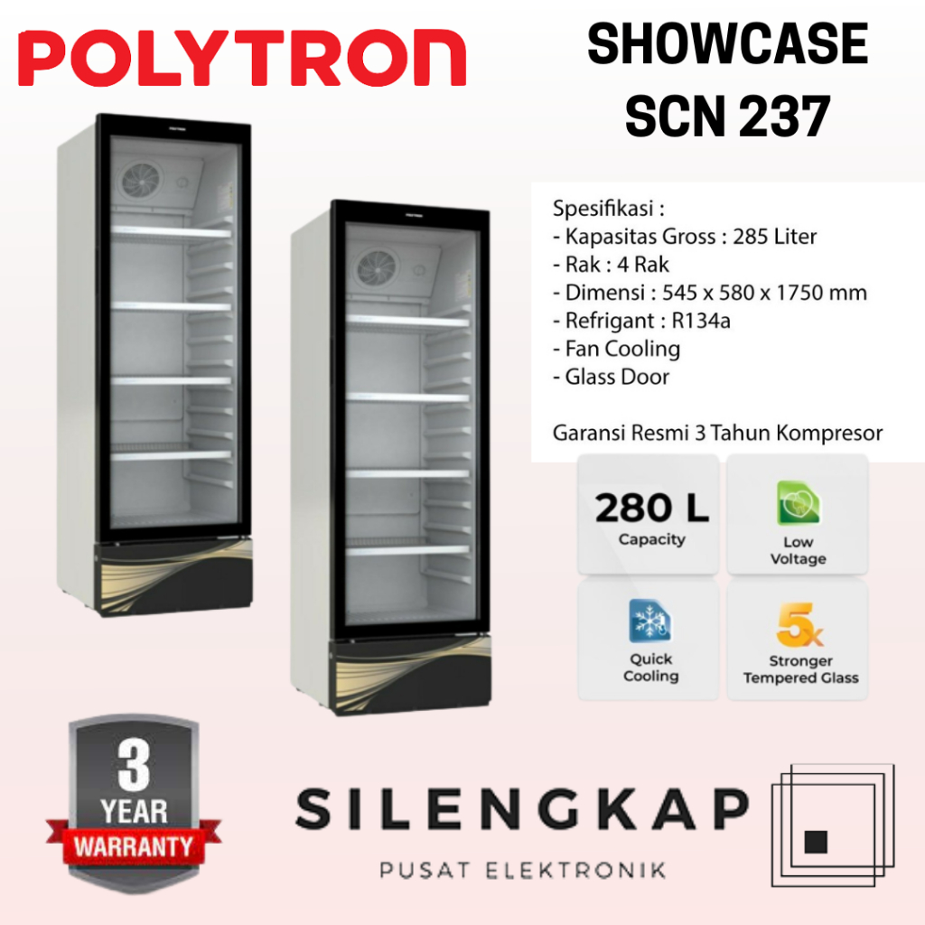 Jual Showcase Polytron SCN 237 Murah Kulkas Lemari Es Kaca 230L 230