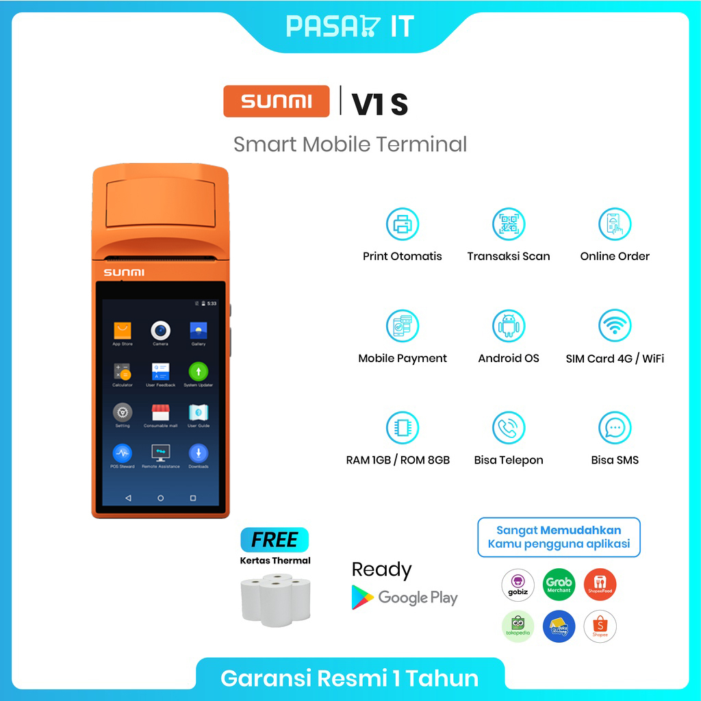 Jual Mesin Kasir Android Portable SUNMI V1s Non NFC 1 8GB POS Thermal