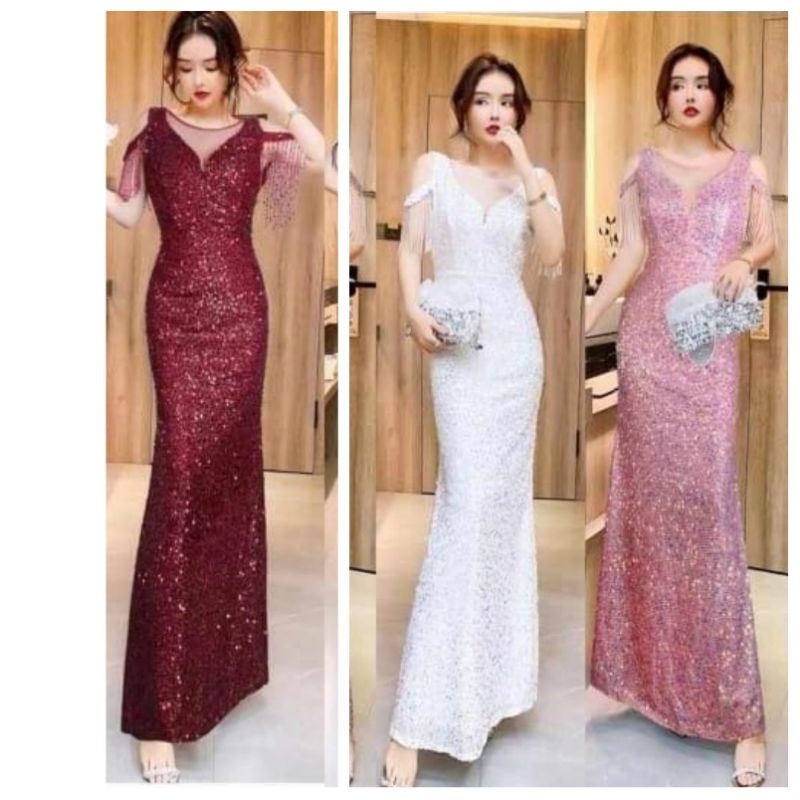 Jual Longdress Sequin Gold Hitam Rose Gold Maroon Gaun Bridal