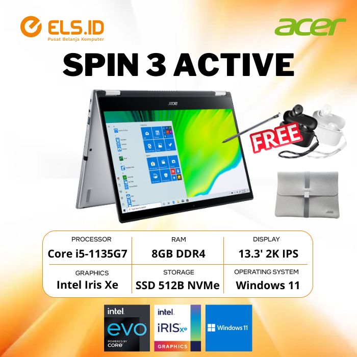 Jual Acer Spin 3 Active SP313 51N Touch 2in1 I5 1135G7 EVO 8GB SSD