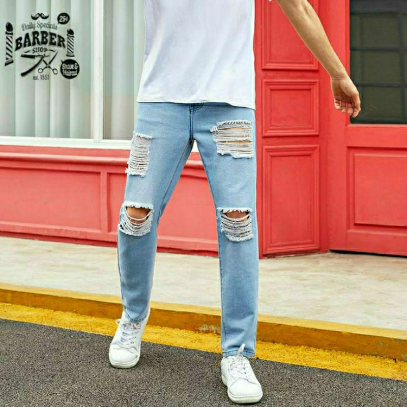 Jual Celana Sobek Pria Ripped Jeans Robek Standar Reguler Jins Basic