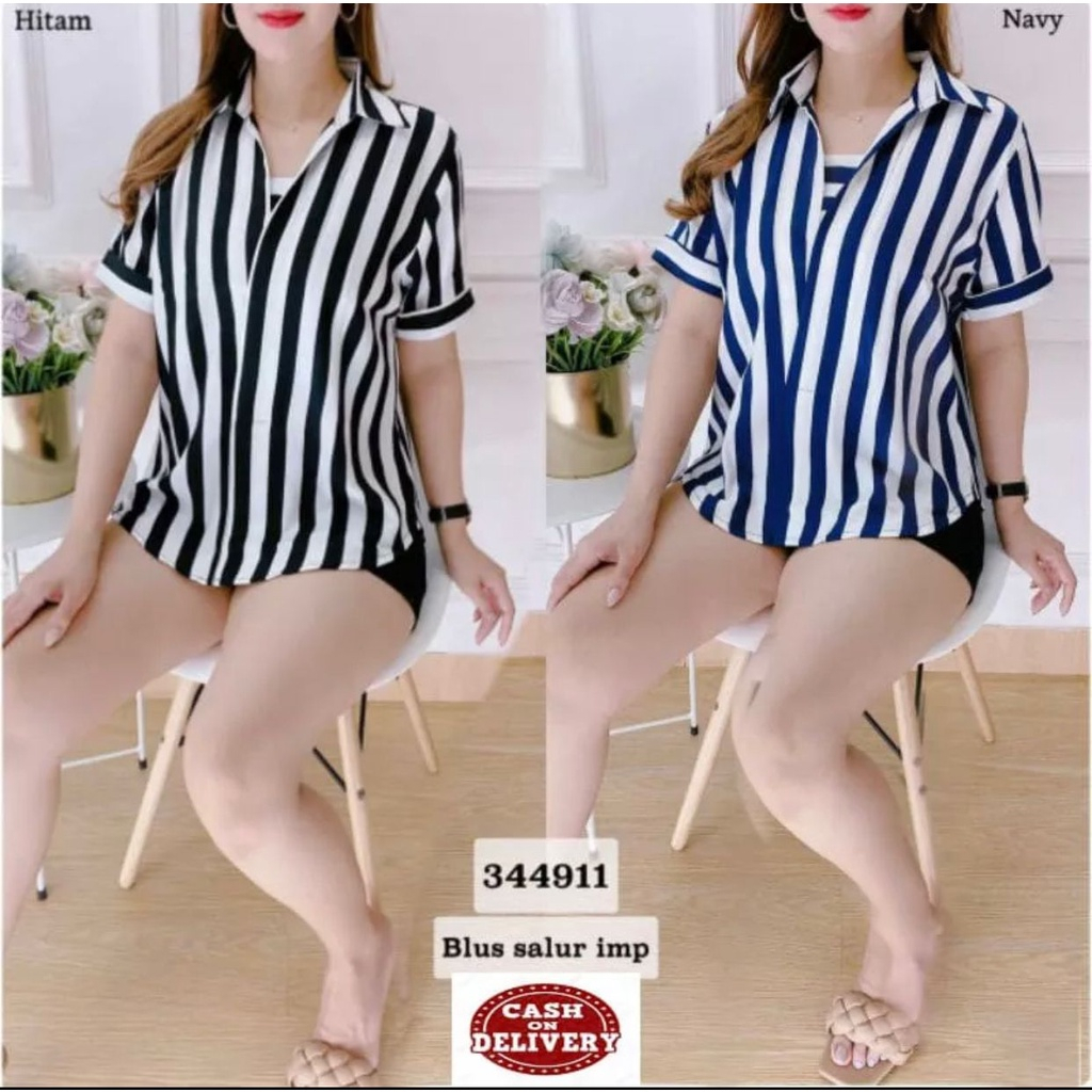 Jual Kemeja Salur Retro Lengan Pendek Bigsize Atasan Wanita Motif