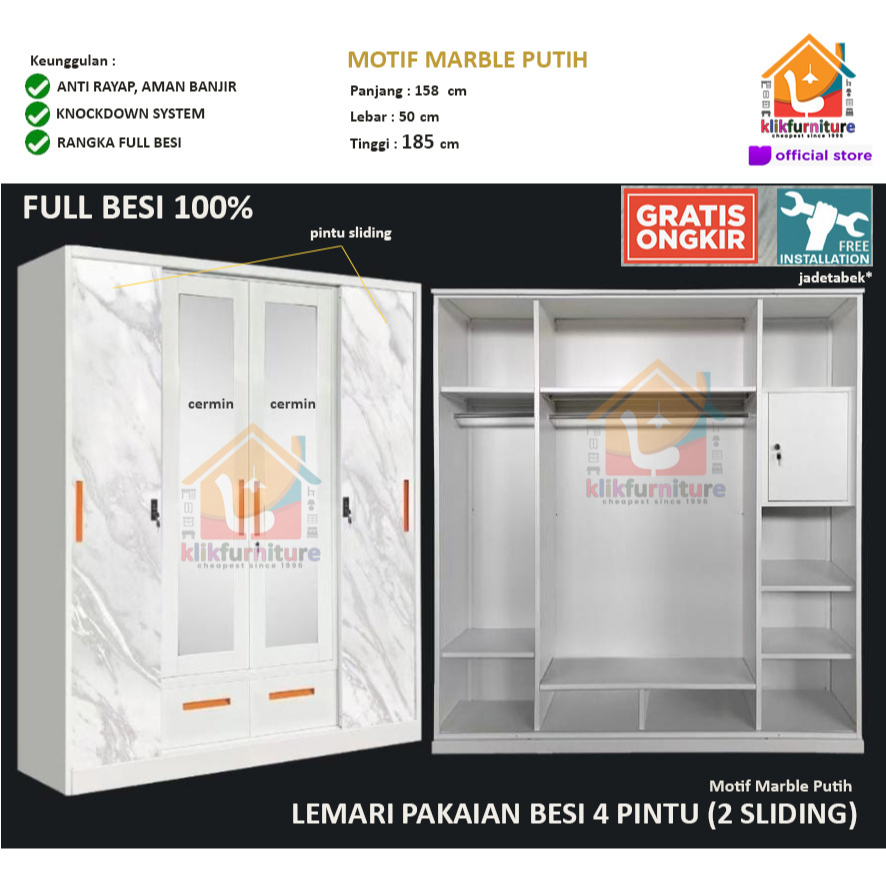 Jual Lemari Pakaian Besi 4 Pintu Sliding Cermin ROSEY 4P 2 Laci