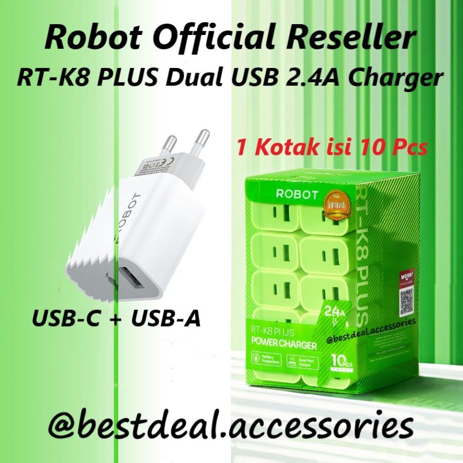 Jual Robot RT K8 PLUS 2 4A Dual Output USB A USB C Charger 1 Box Isi 10