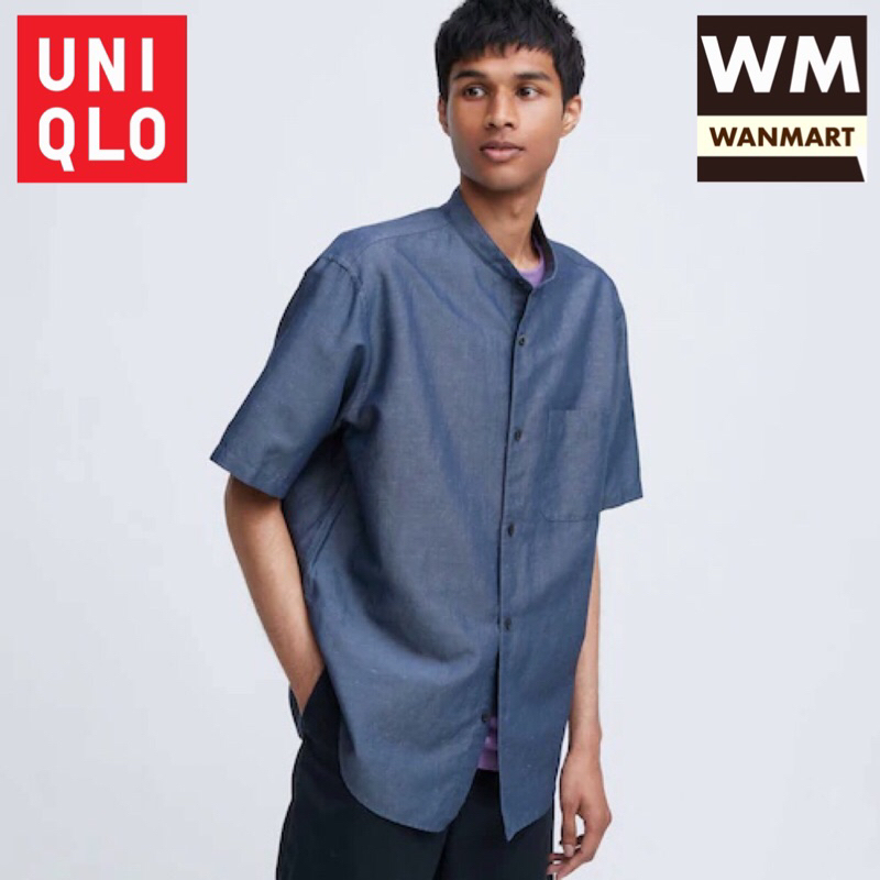 Jual UNIQLO Men Kemeja Pria Katun Linen Kerah Tegak Lengan Pendek Blue