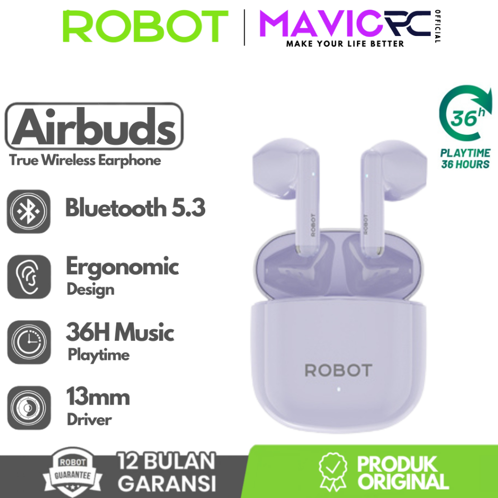 Jual ROBOT T60 Airbuds Headset Wireless Earphone TWS Bluetooth 5 3 Half