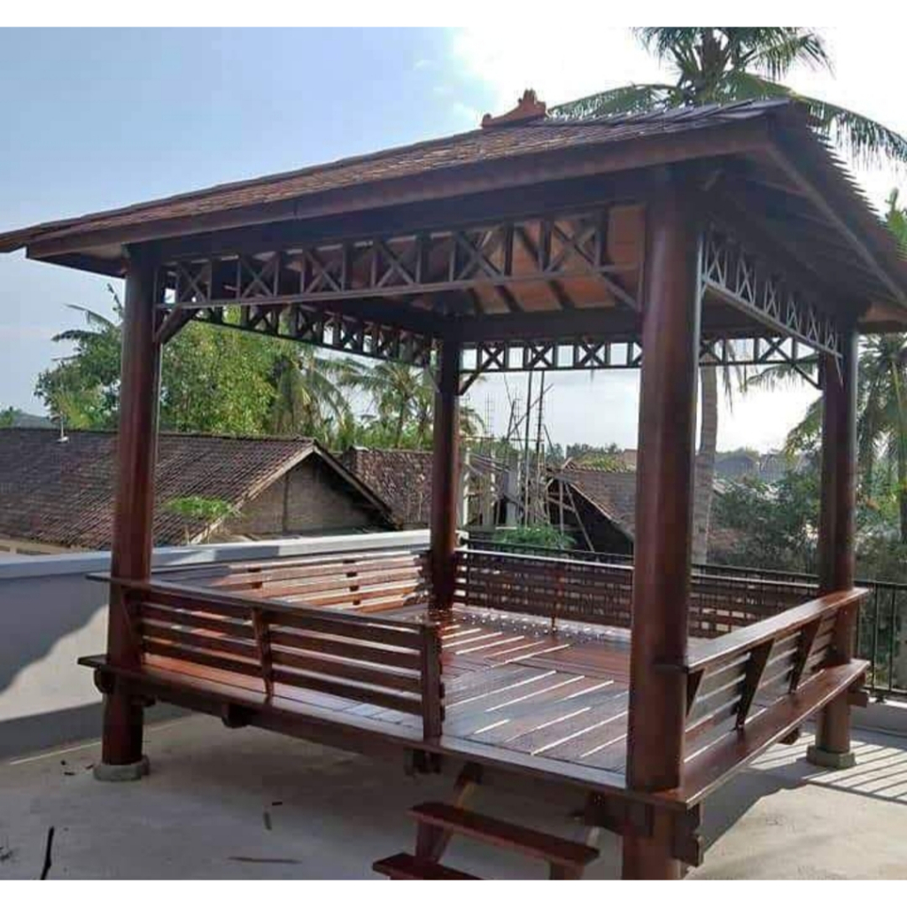 Jual Gazebo Taman Ukuran X Meter Full Sandaran Kayu Kelapa Atap Sirap