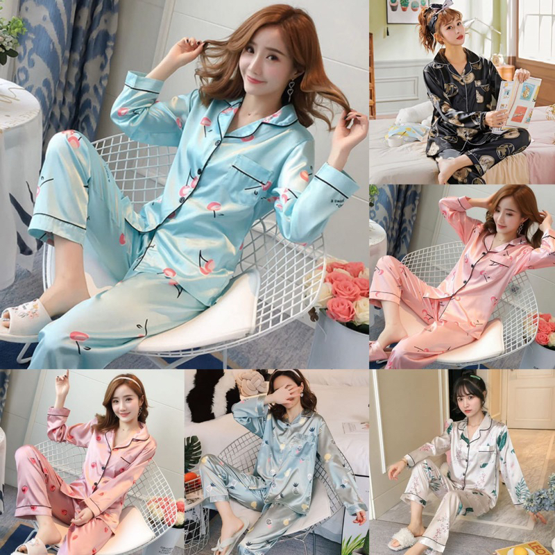 Jual Ready Stock Baju Tidur Piyama Set Bahan Satin Motif Lengan