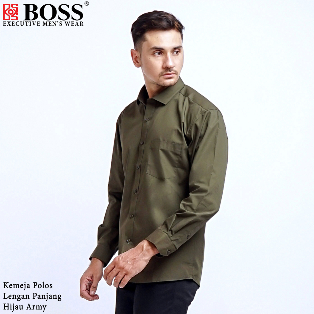 Jual Boss Kemeja Polos Pria Lengan Panjang Hijau Army Shopee Indonesia