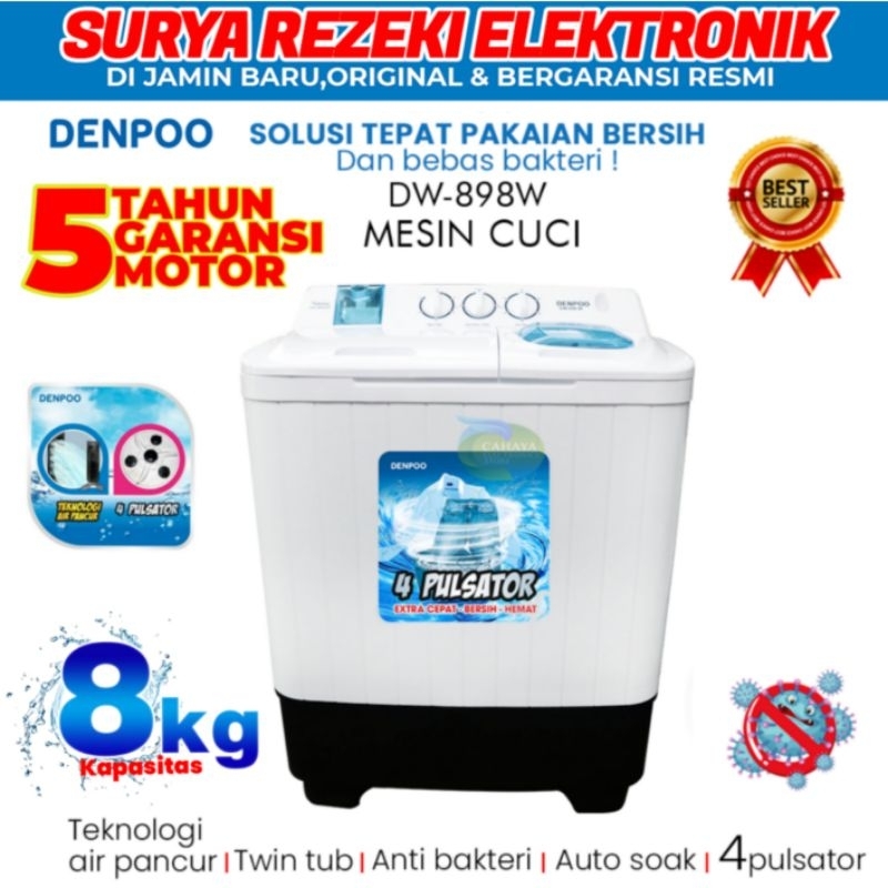 Jual Mesin Cuci Denpoo 2 Tabung Hemat Listrik DW 898 4p 8Kg PUTIH