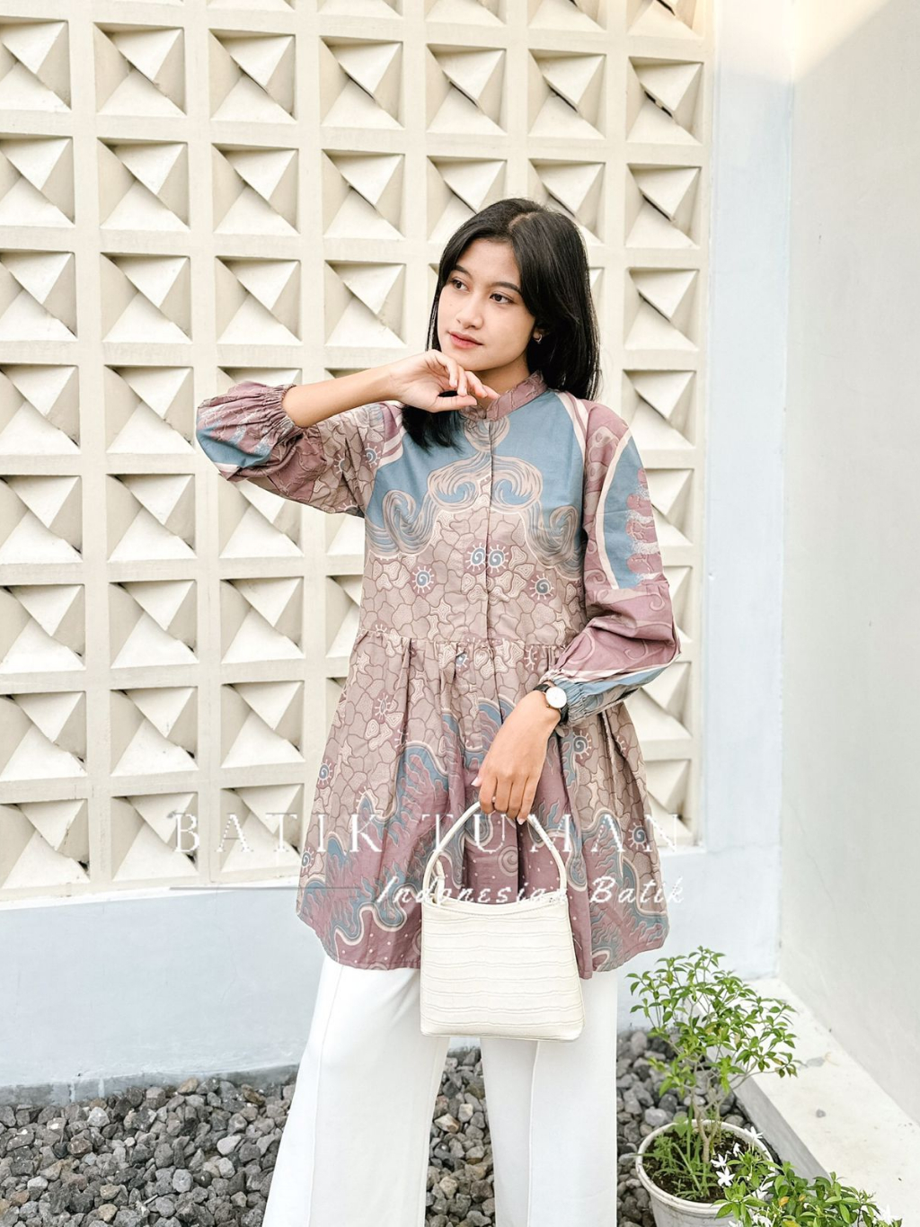 Jual Blouse Rinjani Mauve Soft Blue Pastel Blus Blouse Batik Wanita