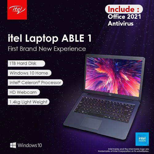 Jual ITEL Laptop Able 1 Intel Celeron N3350 Ram 4GB 1TB HDD