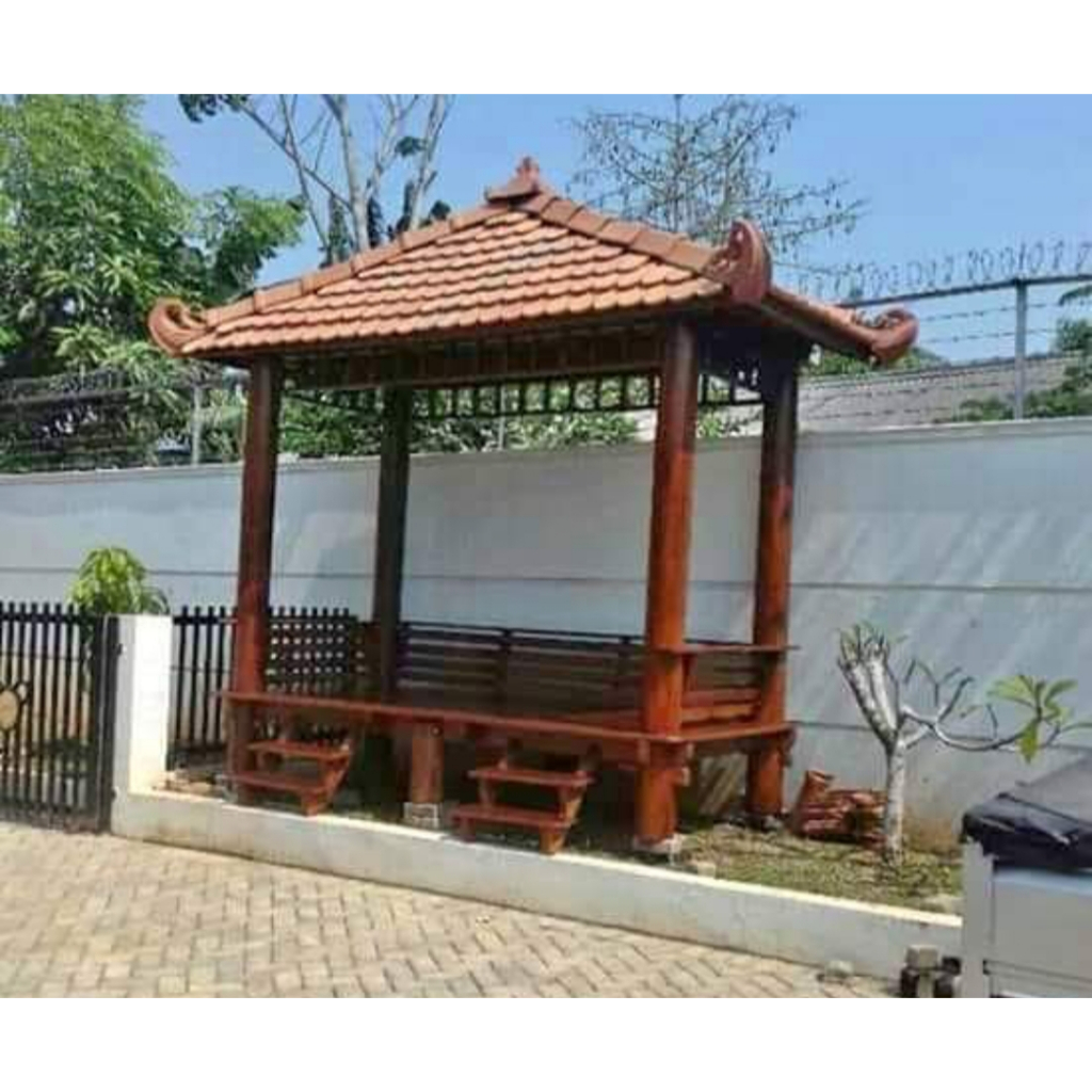 Jual Gazebo Kayu Kelapa Atap Genteng Model Oval Ukuran X Meter Saung