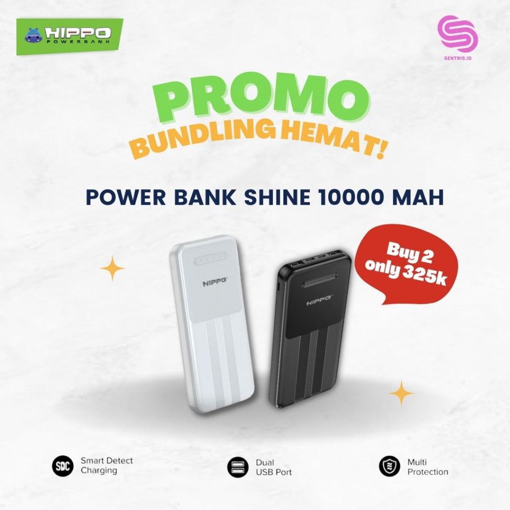 Jual Hippo Power Bank SHINE 10000 MAh Smart Detect Charging Bundling