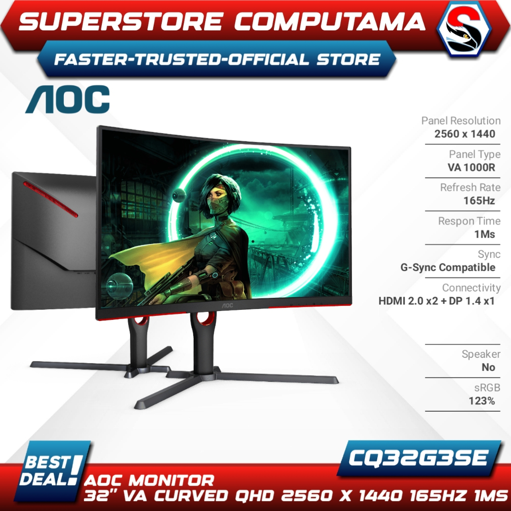 Jual Monitor LED AOC CQ32G3SE 32 Curved 1000R 1440p 165Hz 1ms HDMI DP