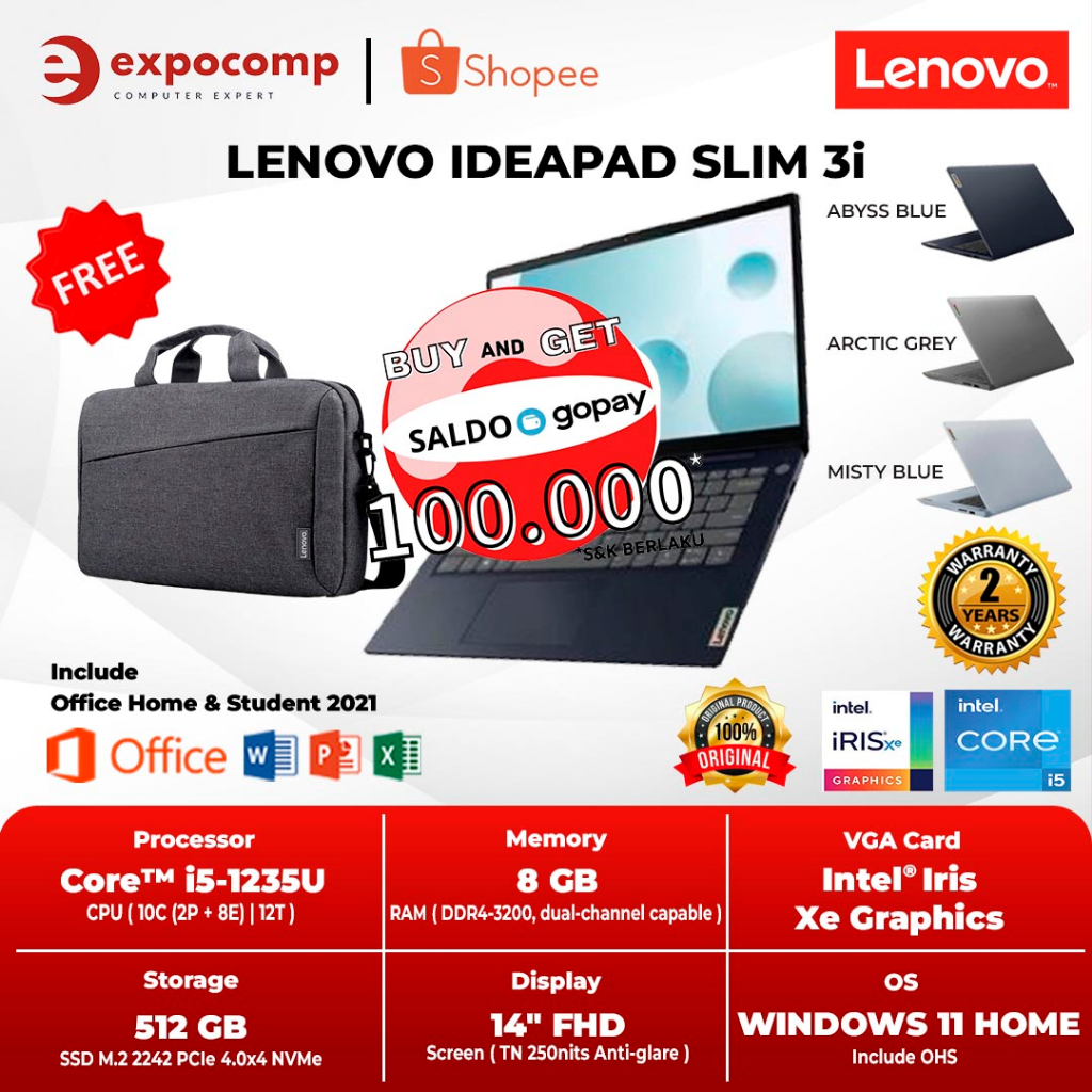 Jual LENOVO IDEAPAD SLIM 3i 14IAU7 5PID CORE I5 1235U 8GB 512GB WIN11