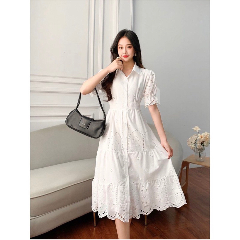 Jual Scope Dress Eyelet Korean Simple Basic Casual Formal Dinner Kerah