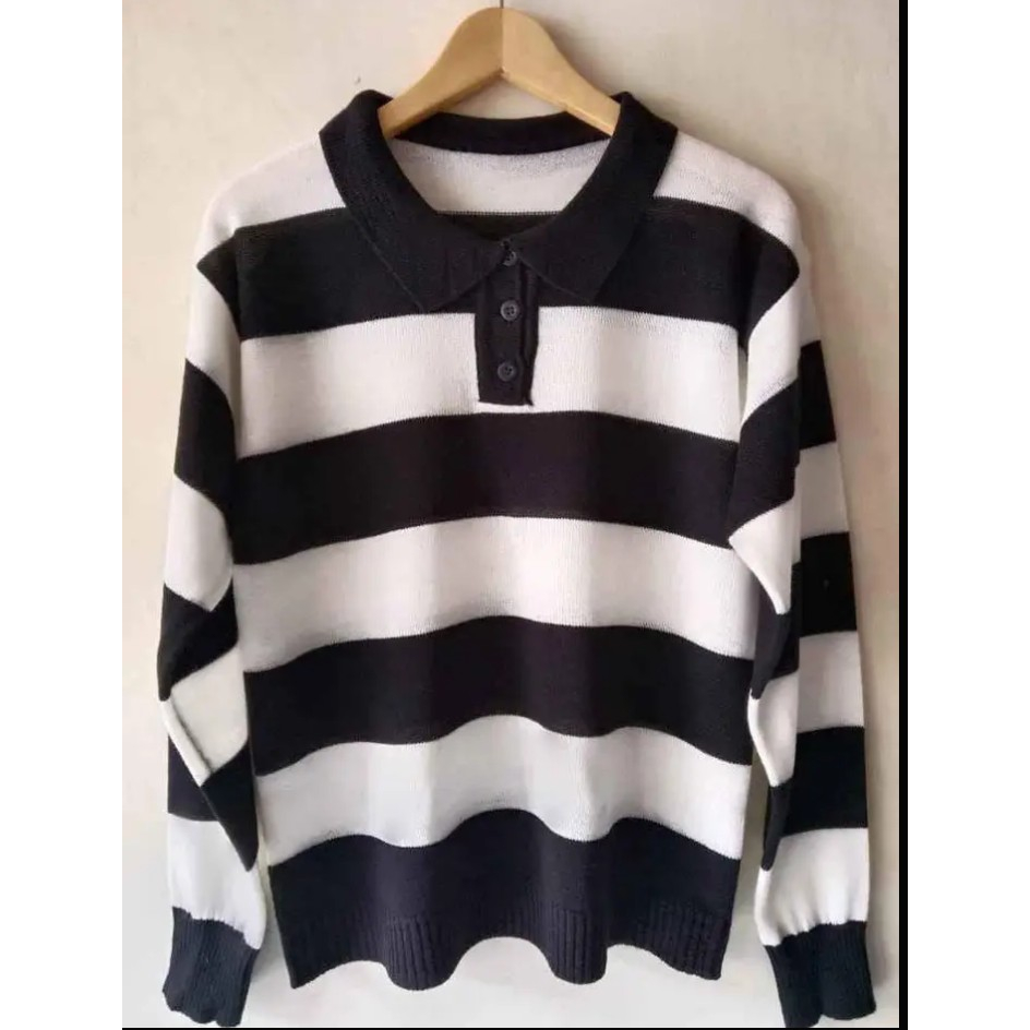 Jual Sweater Knit Rajut Oversize Polo Kancing Strip Atasan Rajut Kerah