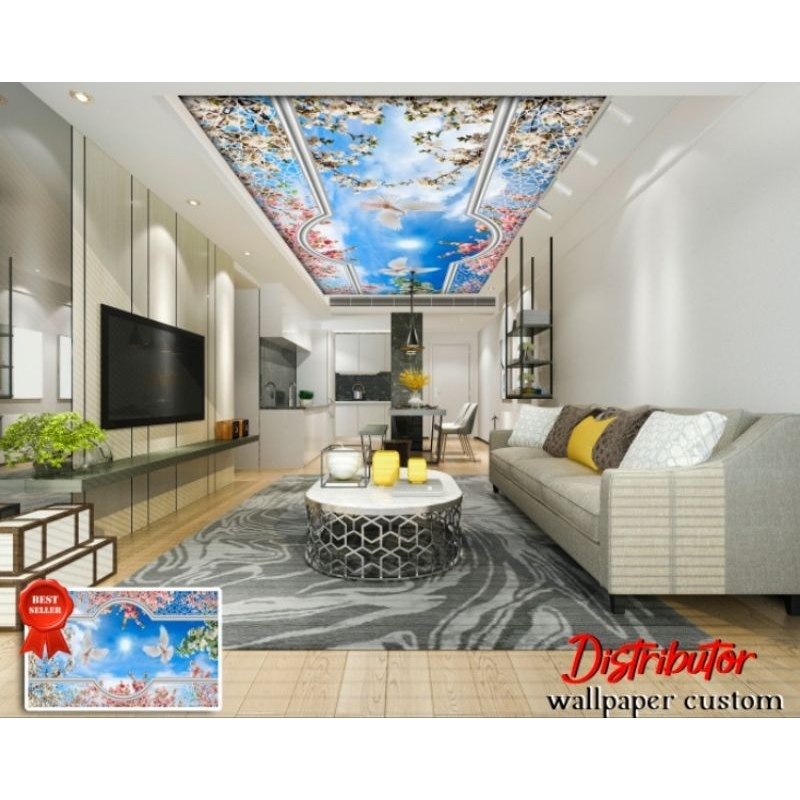 Jual Wallpaper Custom Plafon 3d Awan Sky Langit Tumbuhan Bunga