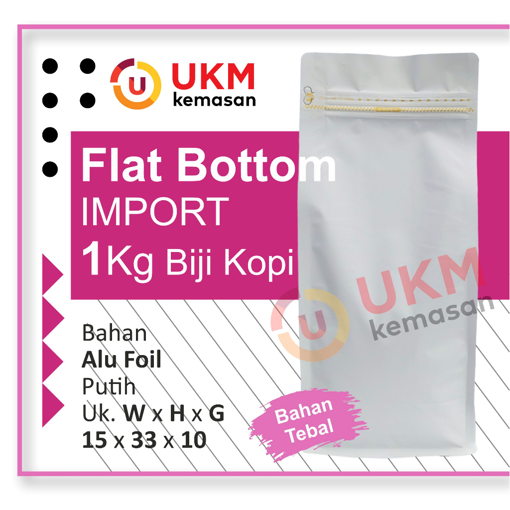 Jual Kemasan Kopi Flat Bottom Zipper Non Valve Import 1 Kg Putih