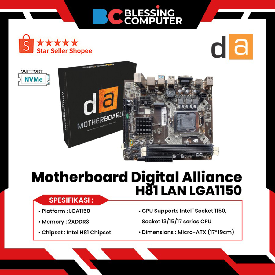 Jual Motherboard Digital Alliance H81 LGA1150 Support NVME Shopee