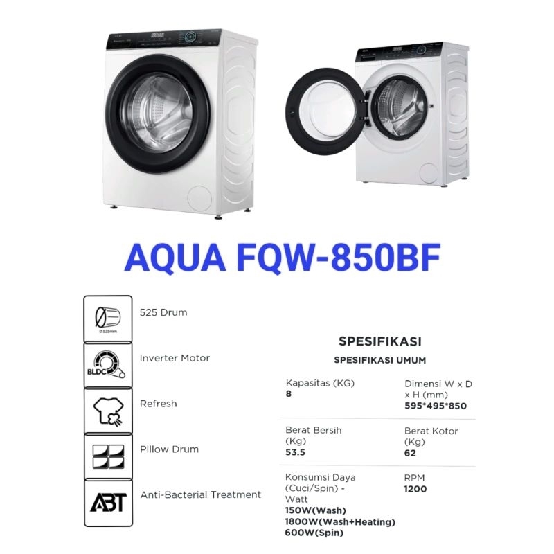 Jual Mesin Cuci AQUA Front Loading 8kg Inverter FQW 850BF Shopee