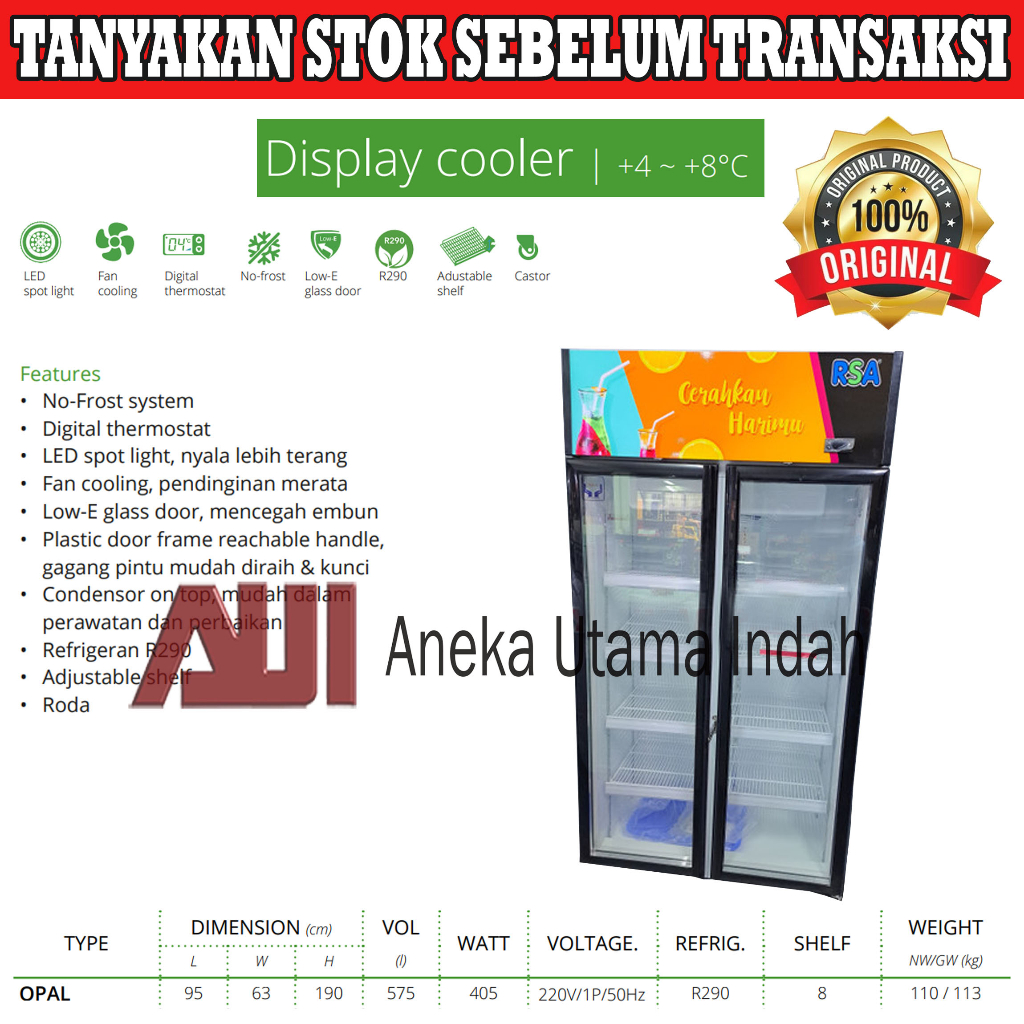 Jual RSA OPAL 2 Dua Pintu Showcase Display Cooler Lemari Kaca