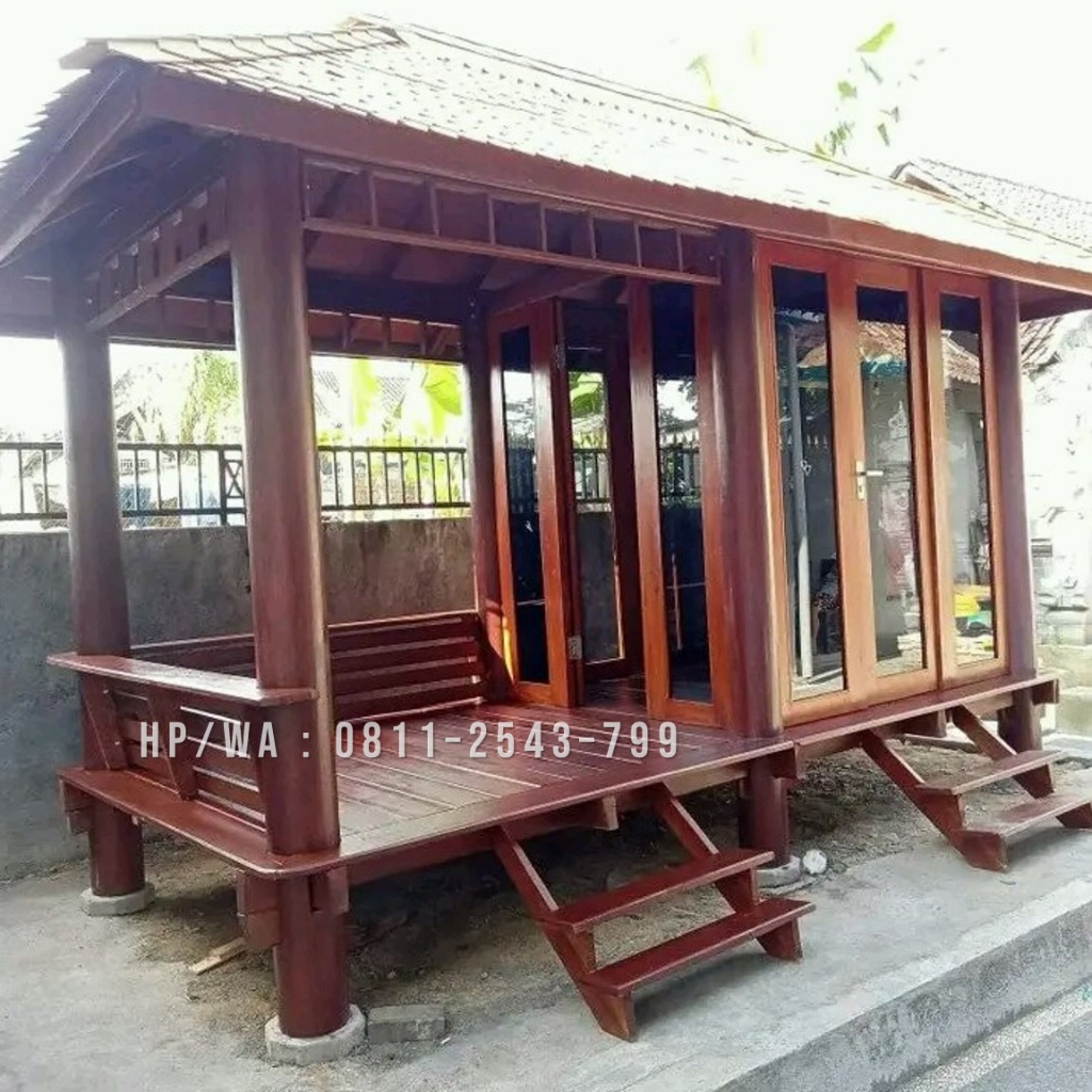 Jual Gazebo Minimalis Kayu Kelapa Custom Dinding Kaca Atap Sirap Ulin