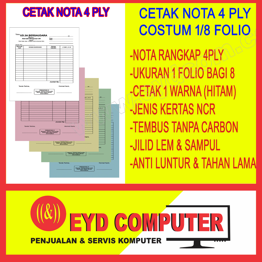 Jual CETAK NOTA 4 PLY 1 FOLIO BAGI 8 KERTAS NCR COSTUM ISI RANGKAP CEK