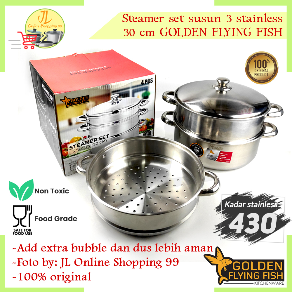 Jual GOLDEN FLYING FISH Steamer Stainless Set 30cm Susun 3 Tutup Kaca