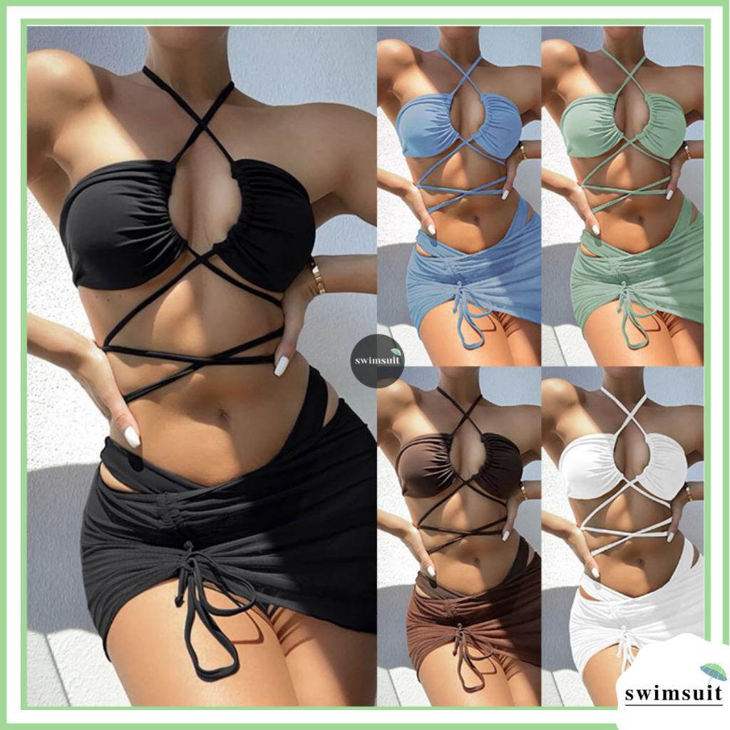 Jual Swimsuit Set Bikini Three Piece Summerwear Set Pantai Sexy Import