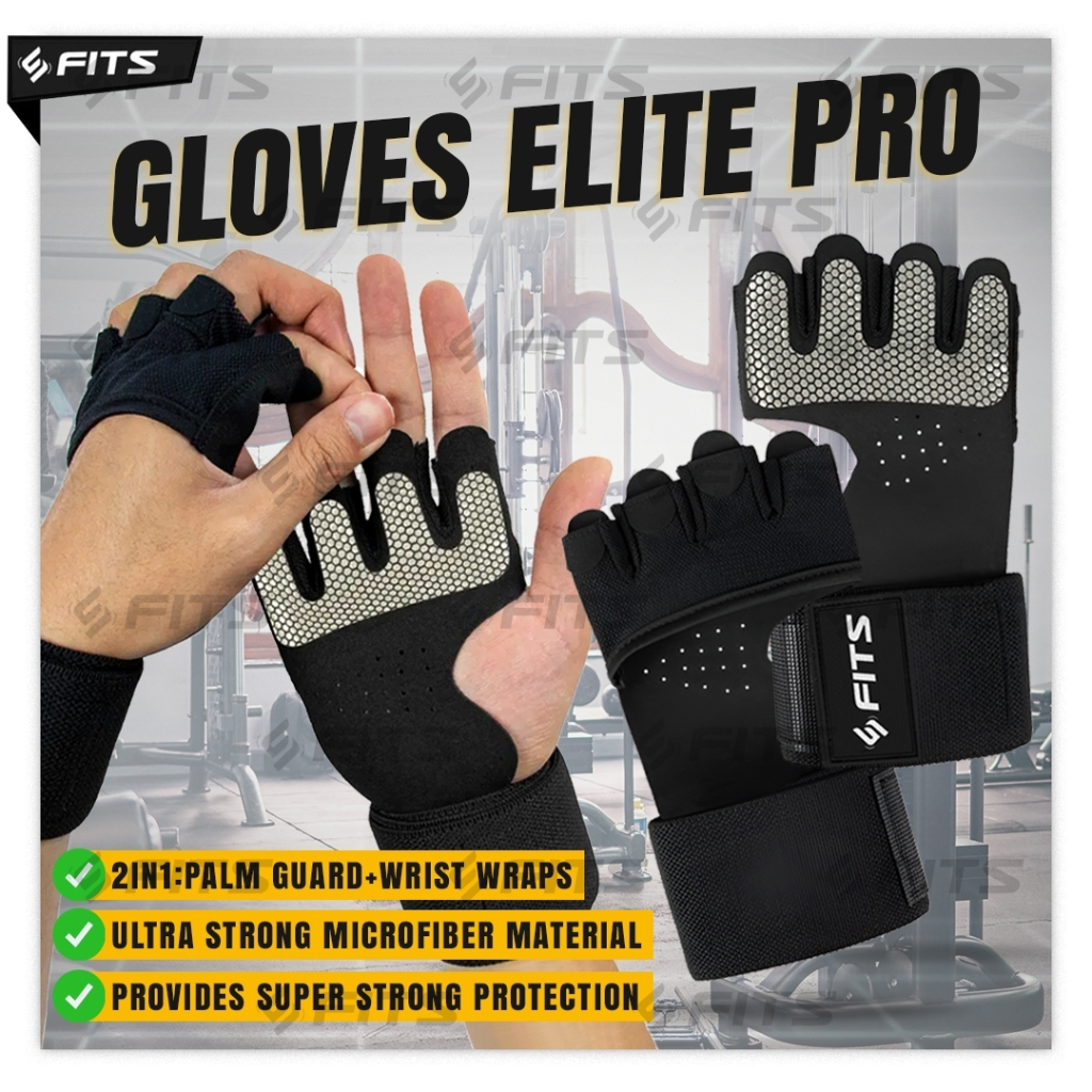 Jual FITS Glove Elite PRO Sarung Tangan Gym Fitnes Berkendara Strap Gym