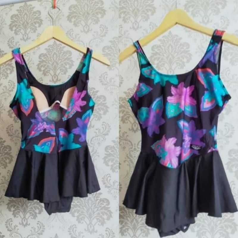 Jual Swimsuit Baju Renang Leotard Dress Hitam Floral Warna Warni