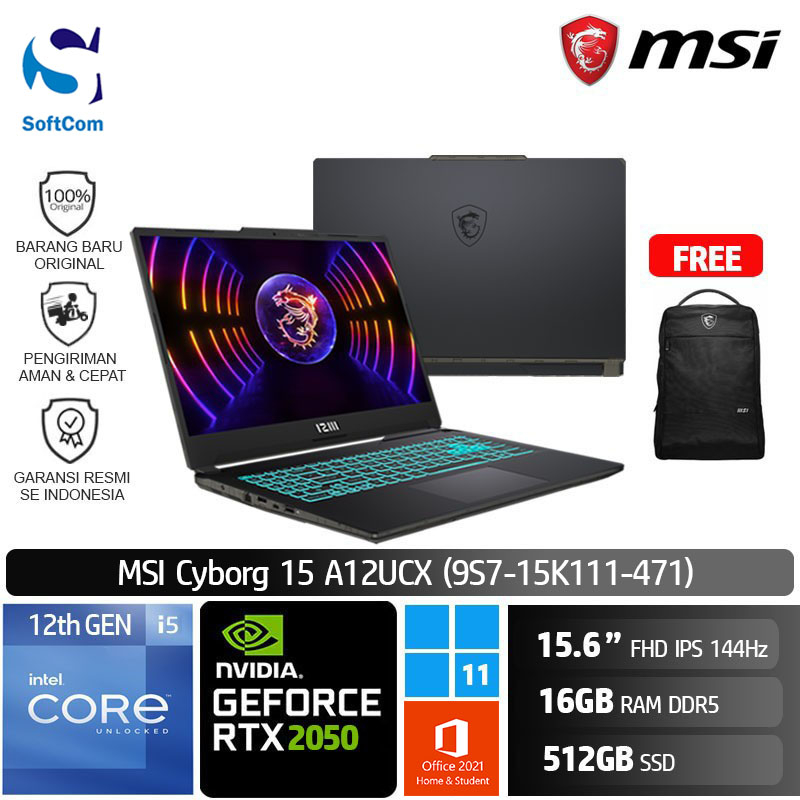 Jual MSI Cyborg 15 A12UCX 471 I5 12450H 16GB 512GB SSD RTX2050 4GB W11