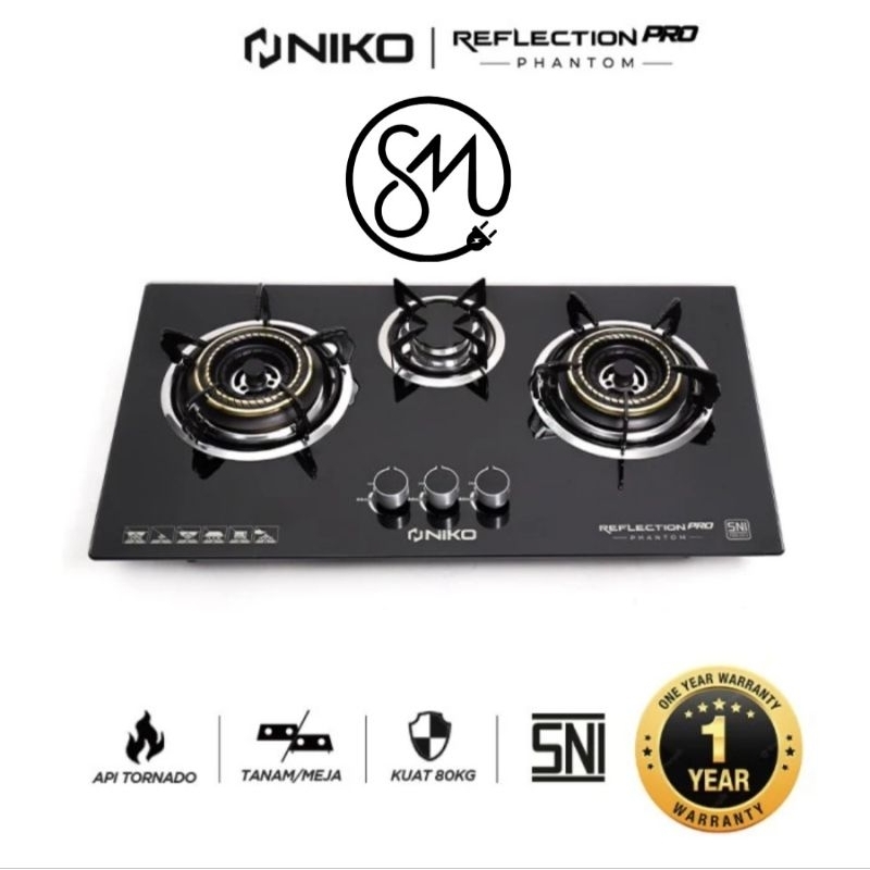 Jual Kompor Gas Tanam Niko 3 Tungku Reflection Pro Phantom Kaca Api