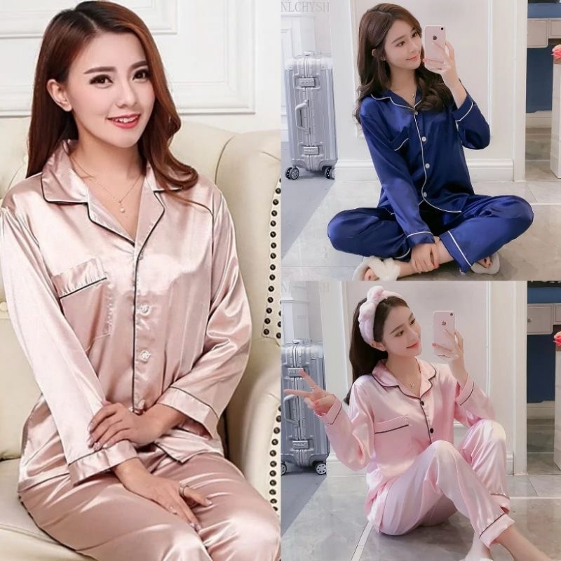 Jual Set Piyama Satin Import Panjang PP Piama Baju Tidur Satin Motif