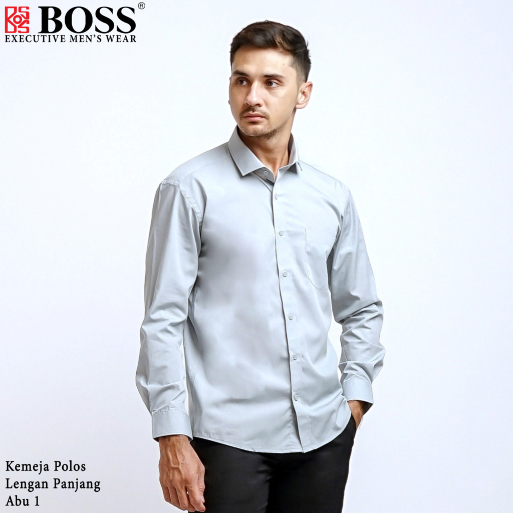 Jual Boss Kemeja Polos Pria Lengan Panjang Slim Fit Abu Shopee