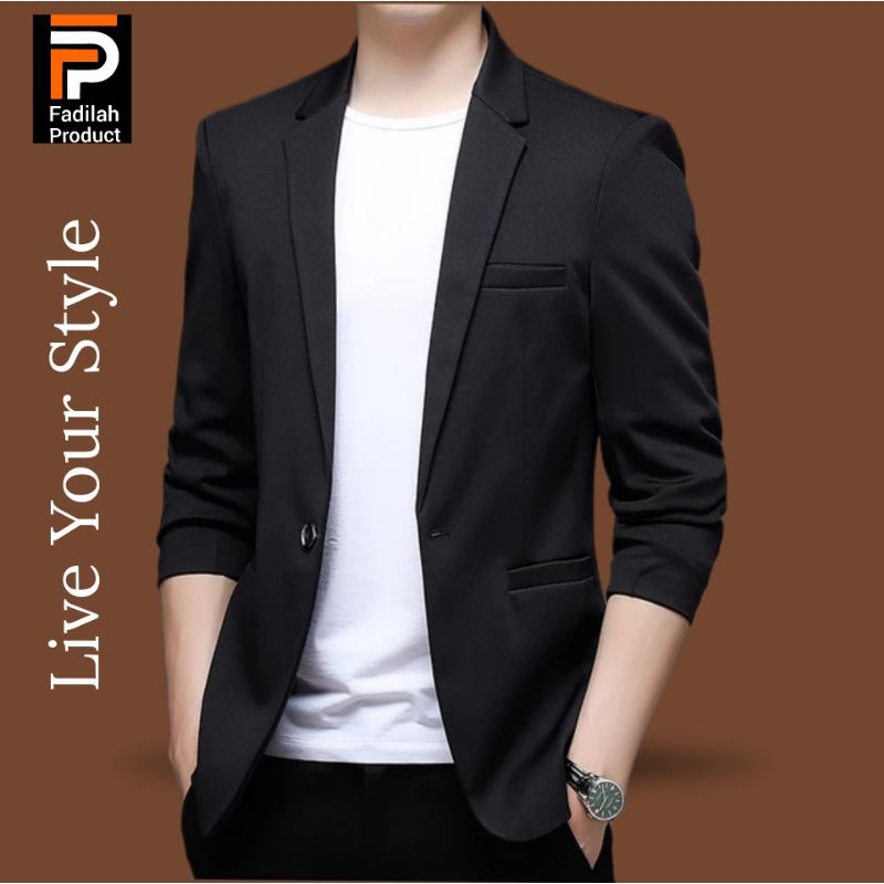 Jual Jas Blazer Pria Hitam Semi Formal Slimfit Model Saku Tanpa Tutup